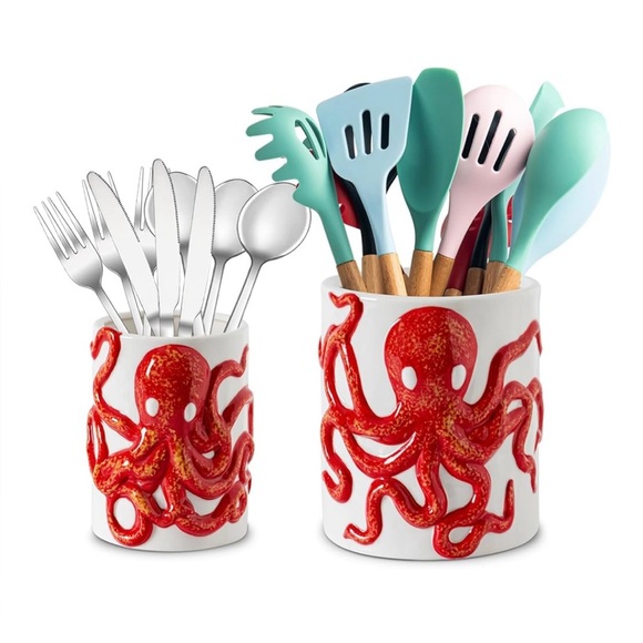 Red/orange Octopus Utensil Holder Set. Utensils not included. - Picture 1 of 8